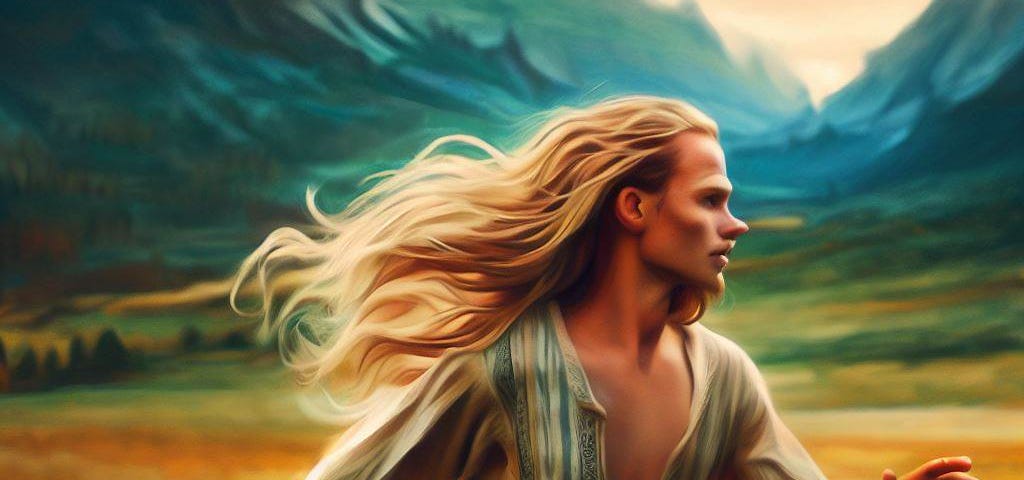A man running in a field. Long blond hair blowing in the wind.