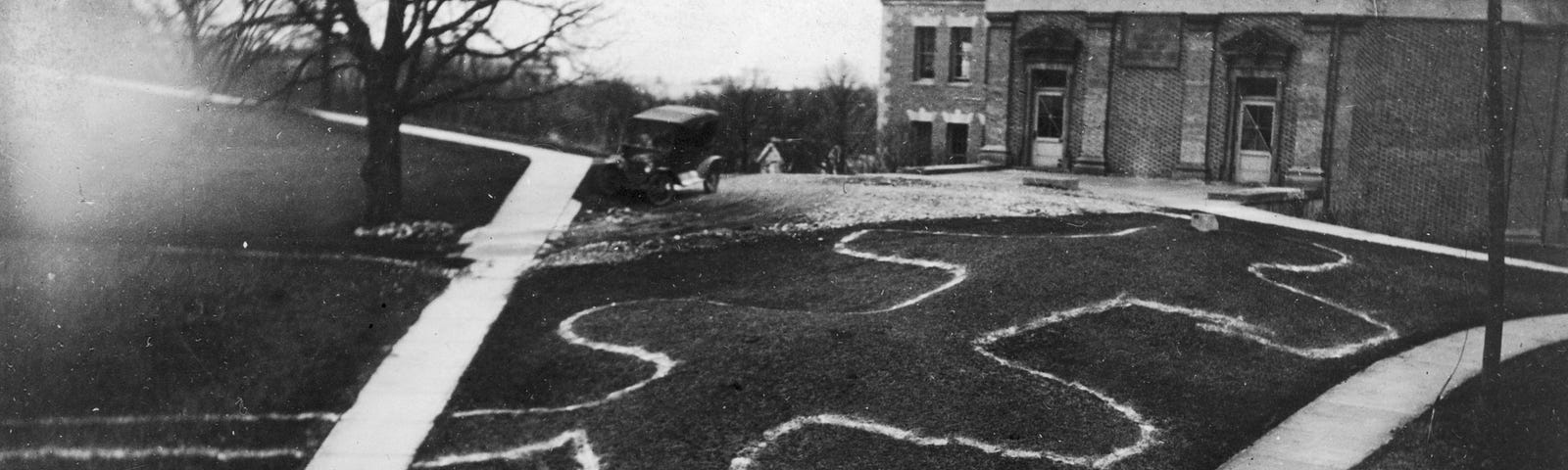 Elevated view of a double-tailed turtle effigy mound on Observatory Hill on the University of Wisconsin-Madison campus.