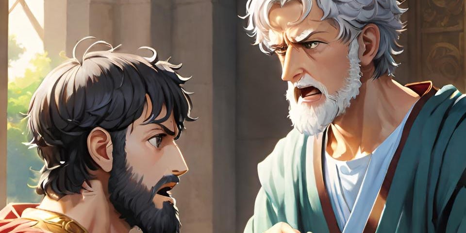 Color illustration in anime style of an older, bearded Roman poet arguing with a younger bearded Roman. Illustation created by Frank Moone using Dream.AI.