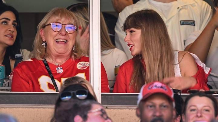 Pop singing sensation Taylor Swift sitting with Donna Kelce while attending the Kansas City Chiefs’ NFL game to watch either Jason Kelce or Travis Kelce.