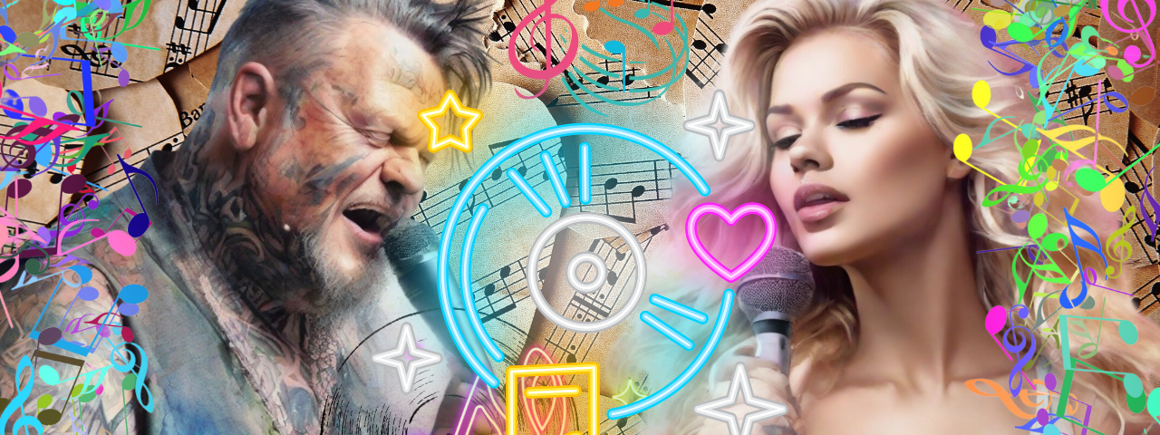 Music notes background with male tattooed singer and young blond female singer