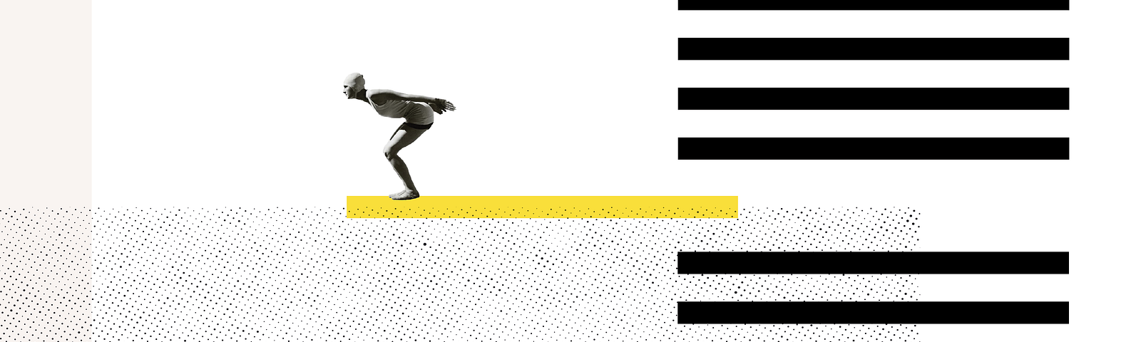 Illustration of the Shift logo bars, with a collage diver jumping off one bar highlighted yellow.