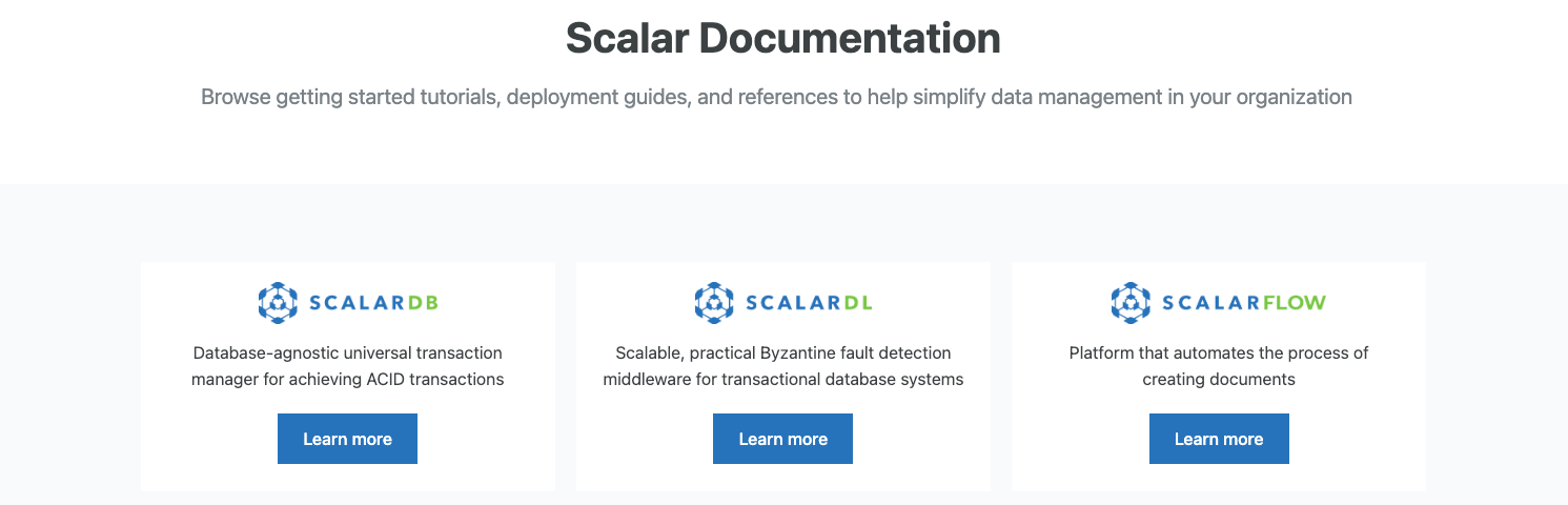 Scalar Documentation ホーム ページ。各製品ドキュメント サイトへのリンクが含まれています。