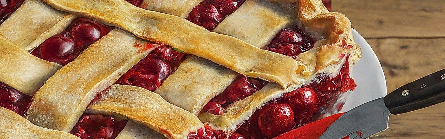 A cherry pie sits on a plate on top of a table. A knife rests inside the pie exposing the blood like cherry juice that’s running onto the table.