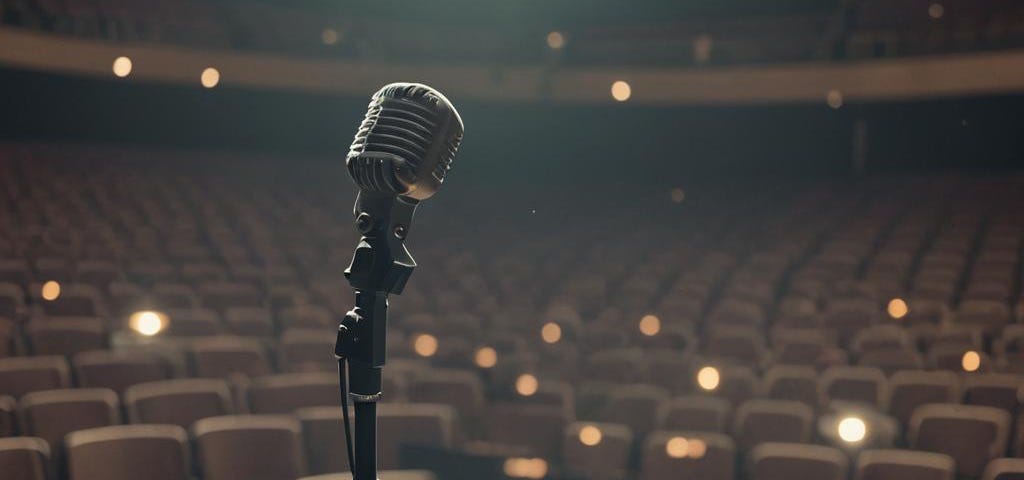 Microphone on stand, stage front before an empty auditorium.