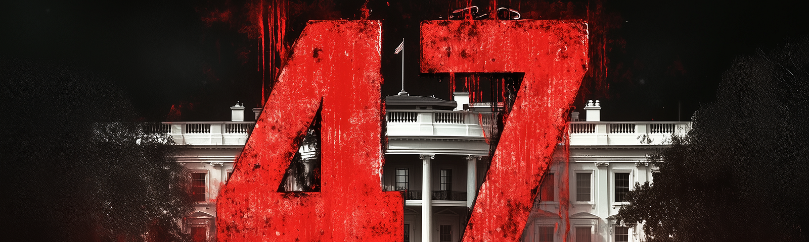 The white house is in the background, with a large, bold red number “47” in the foreground. The number appears weathered, smeared with red, and is wrapped in dark, heavy chains, symbolizing a sense of restraint or captivity. The overall tone is dark and ominous, with a focus on the significance of the number 47.