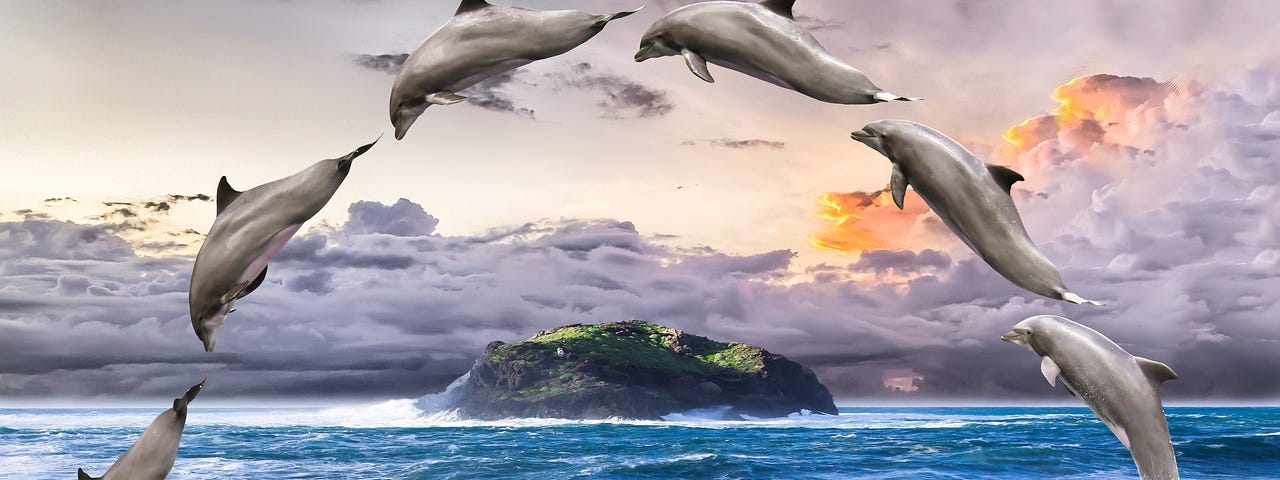 Six dolphins diving through the air and back into the ocean in a single arc.