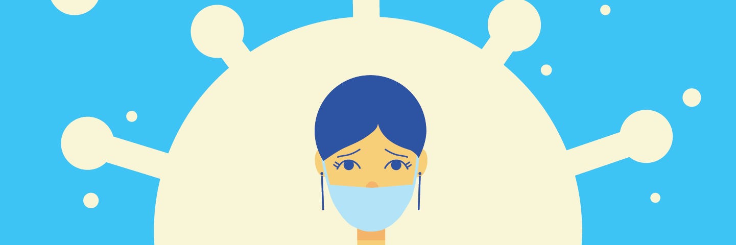 Illustrated woman with worried eyes wearing a face mask, sitting against an enlarged virus shape.
