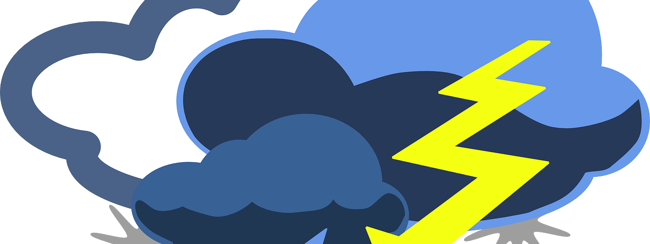 A weather icon: blue drops of rain, a yellow lightning bolt, grey spikes of sleet, and dark clouds.