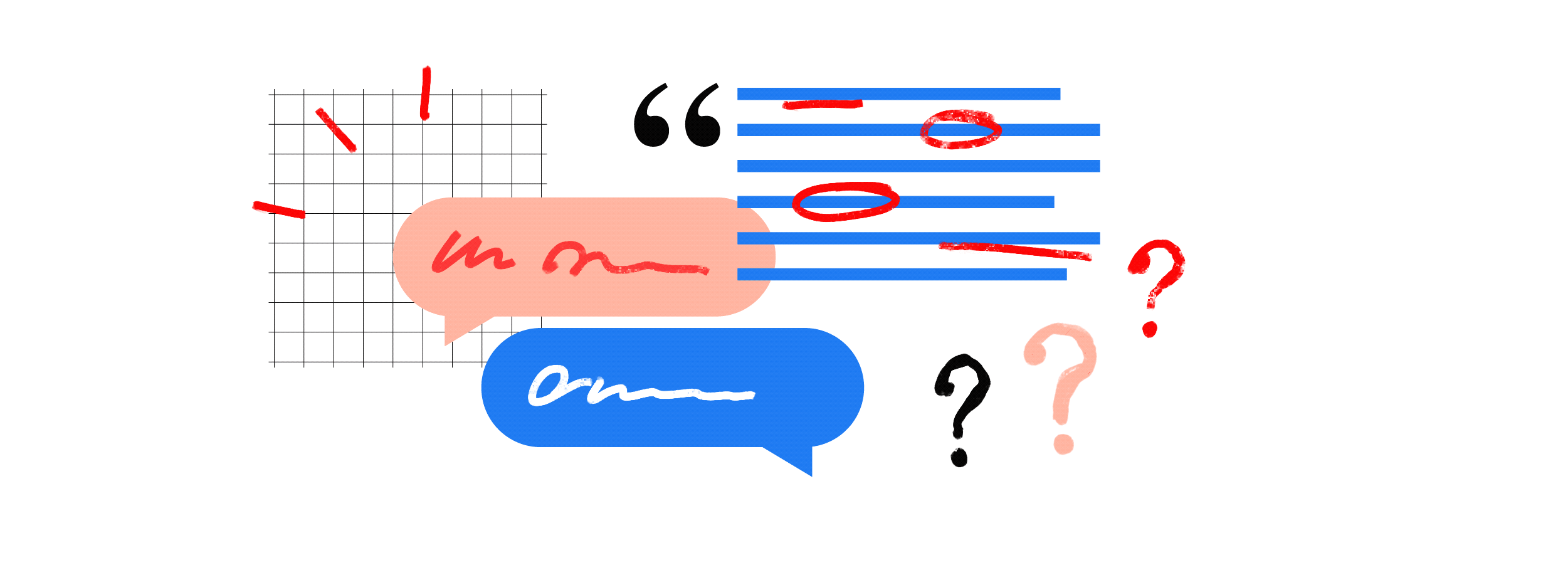 Speech bubbles and question marks indicating a conversation