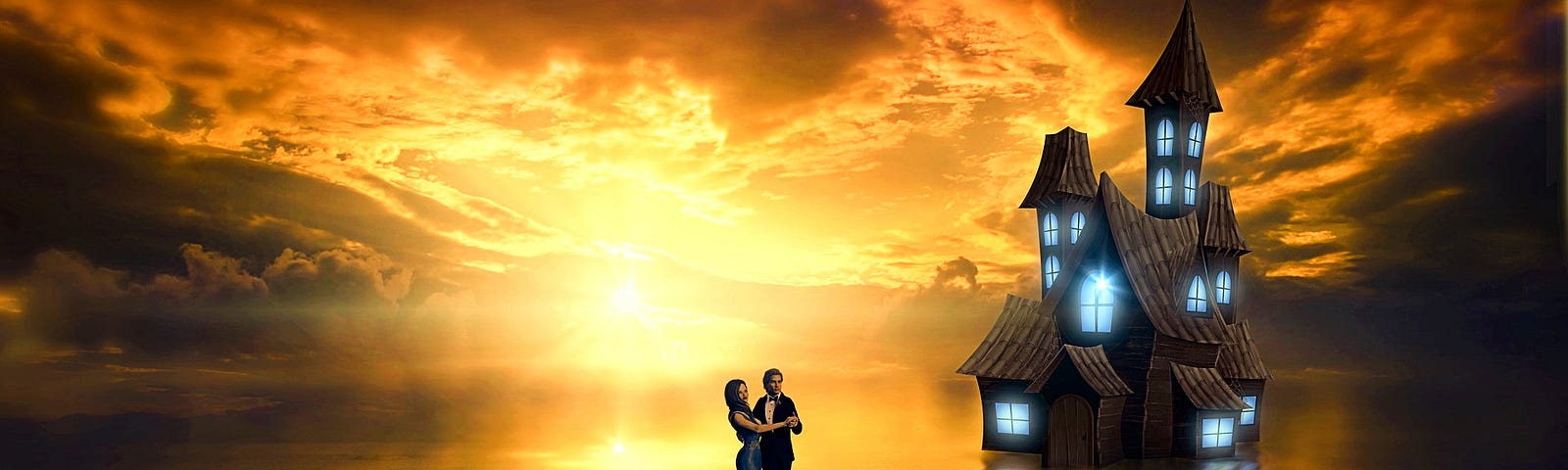 A fantasy image of a couple dressed in formal evening wear dancing on a mirrored lake at sunset. A dark Gothic style house with multiple turrets and light shining from each window is nearby on the lake. The radiant golden sky is offset by surrounding dark clouds. All is reflected in the lake.