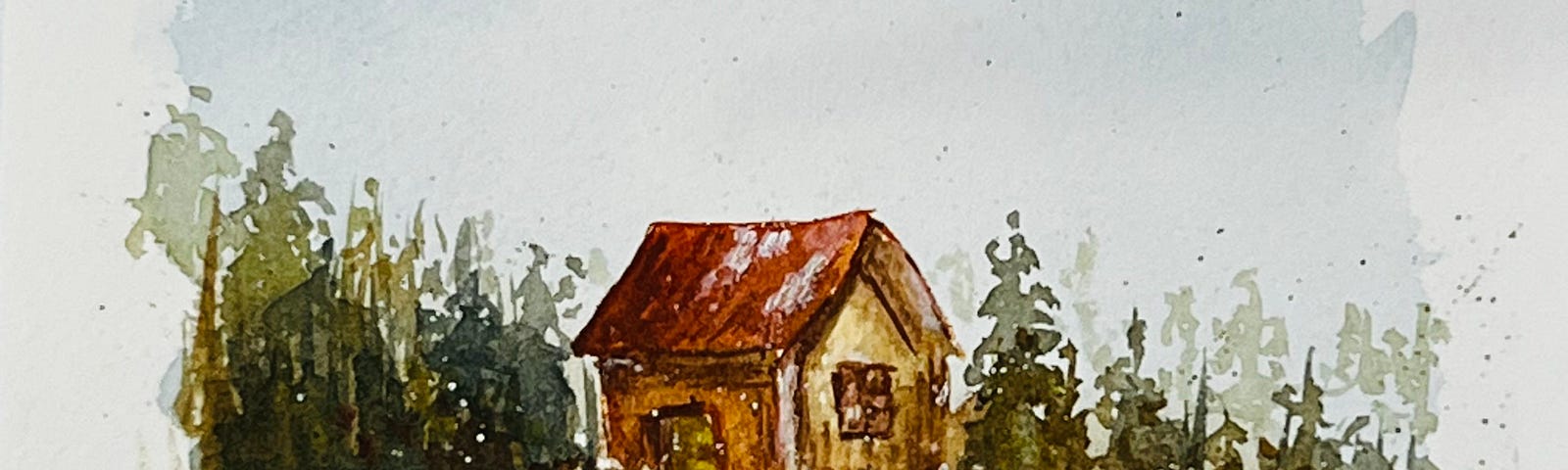 watercolour painting of an imaginary red hut in the wilderness.
