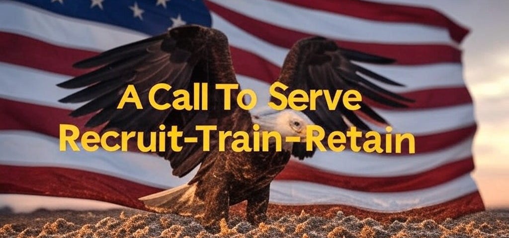 pic of American flag with bald eagle in the foreground -with the text “A Call To Serve: Recruit-Train-Retain”