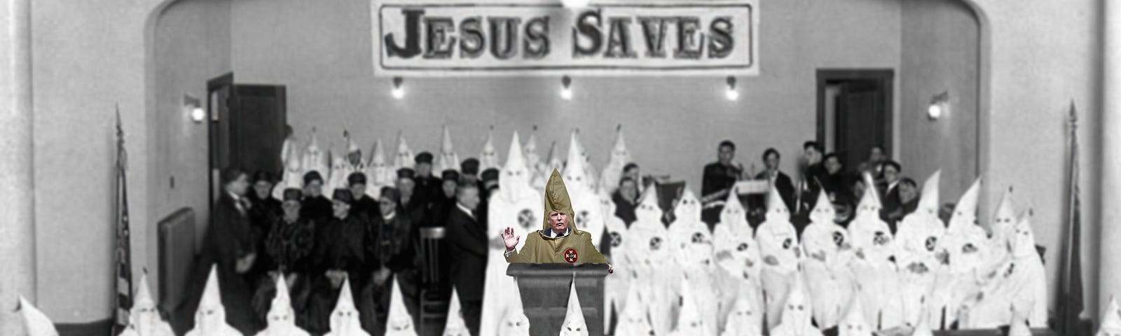 Trump (in color) at a black and white Klan rally.