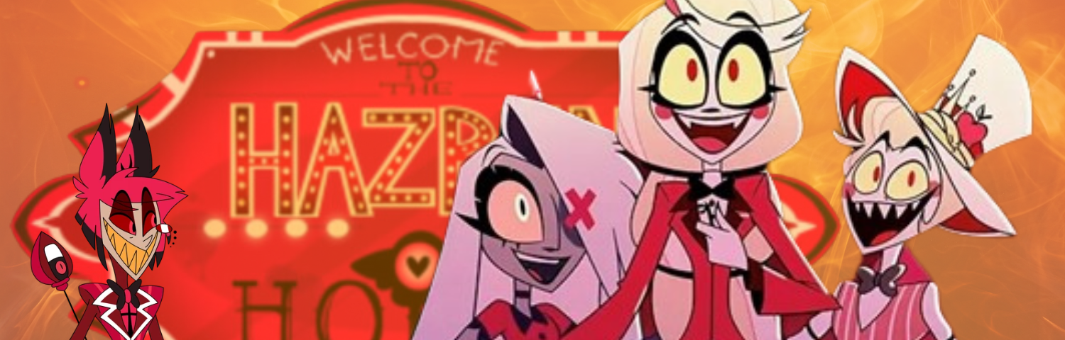 Charlie Morningstar and other characters from Hazbin Hotel pose in front of the show’s logo.