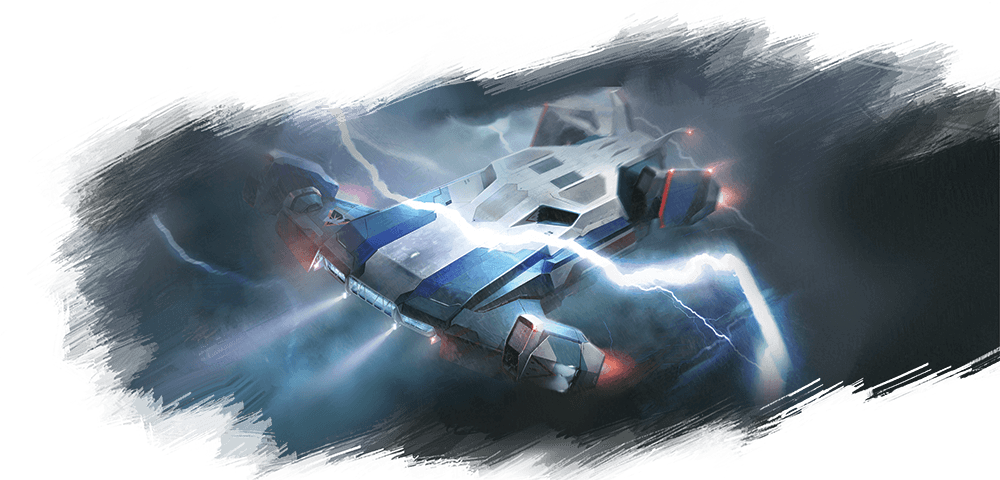 A futuristic aircraft flying through a lightning storm. The aircraft is light-grey and blue, with four pivit-able engines on each corner. A lighting bolt barely misses the aircraft.