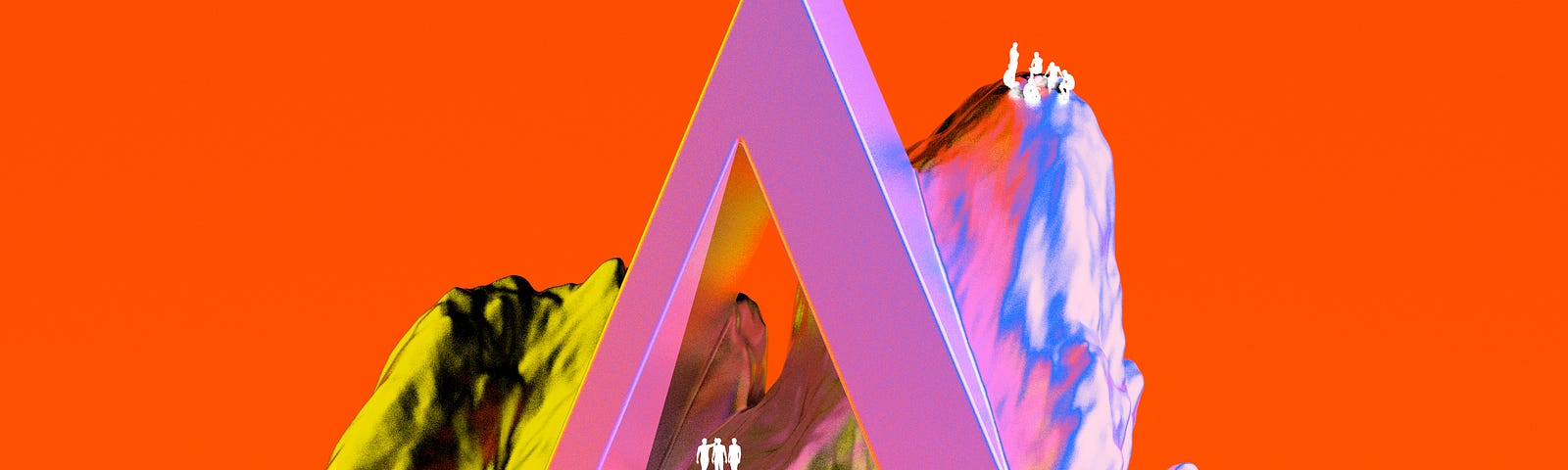 A digital illustration of a lavender uppercase letter A emerging from a mountain of blue, pink, yellow, and black against an orange background. White silhouettes of people are at the base and summit of the mountain, and the crossbar of the letter A.
