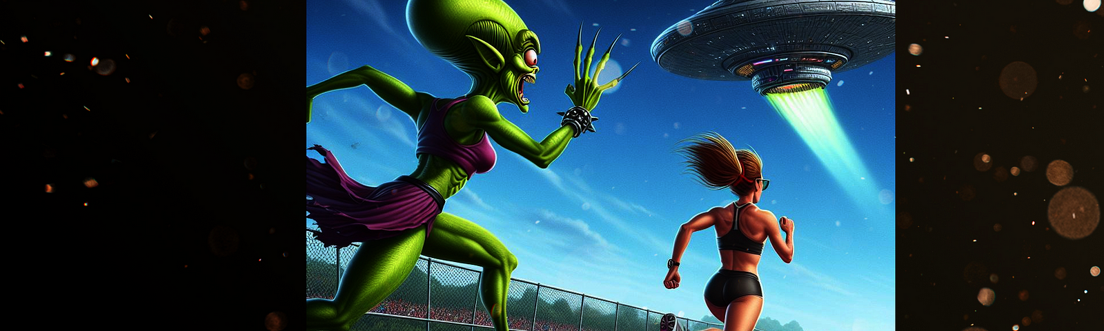 Cartoon female alien chasing a woman in a track race. Spaceship overhead.