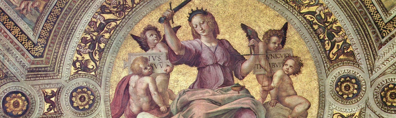 a fresco on a ceiling of an image of justice personified holding a sword surrounded by cherubs looking on. the image is surrounded by gold leaf details