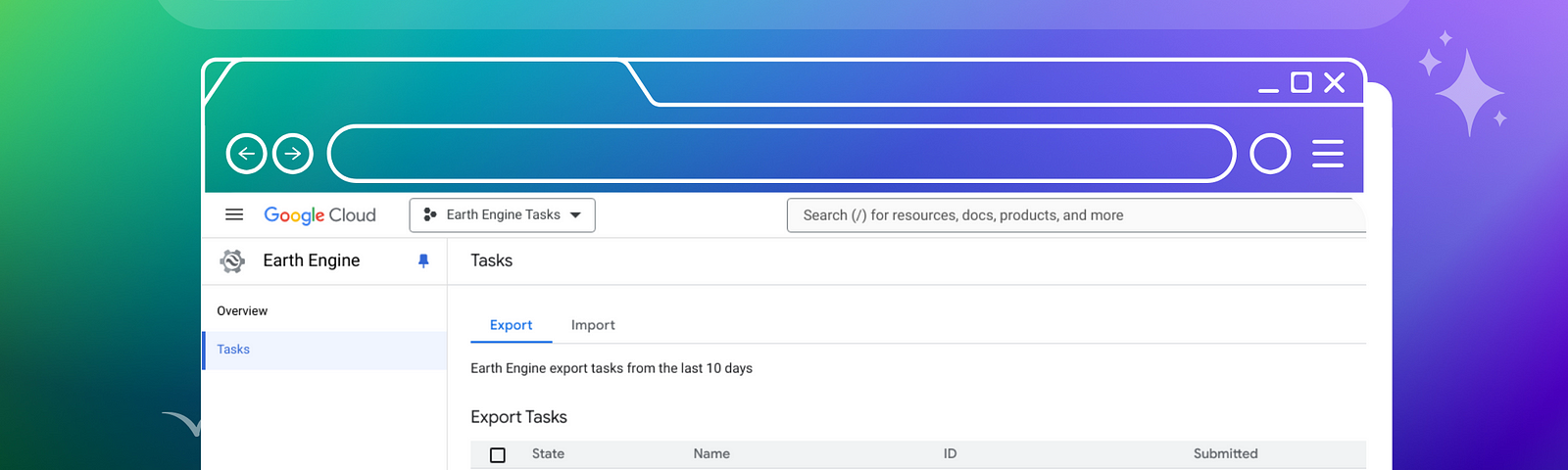 Screenshot of tasks page in google cloud console with a gradient backgground and nature scene in white graphics