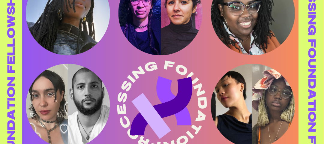 A headshot of Zainab Aliyu, Kendra Krueger and Zahra Hassan, Stephanie T. Jones, Bobby Joe Smith III and Nat Decker, Kelly Chen and Olivia, Nhan Phan, McKayla Ross, Joanne Amarisa, and Liam Baum are in circles from top left to bottom right. In the middle of the circles is a logo of the Processing Foundation, with “Processing Foundation” written in a circle around the logo. The graphic reads, “Processing Foundation Fellowship 2023” in purple on both left and right edges of the graphic.