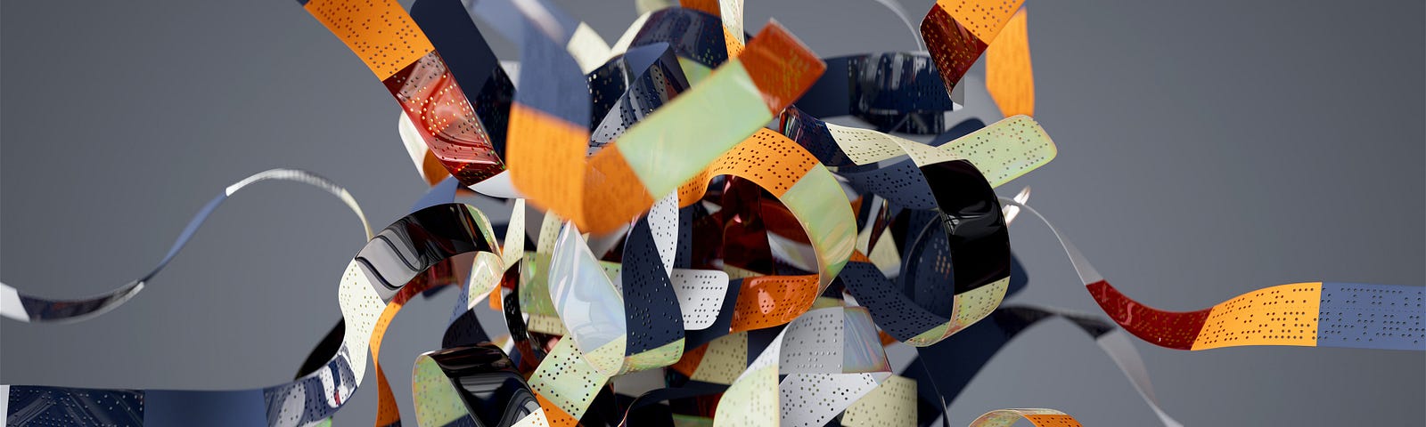 A ball of tangled strips of digital information in dark blue, light green, and orange.
