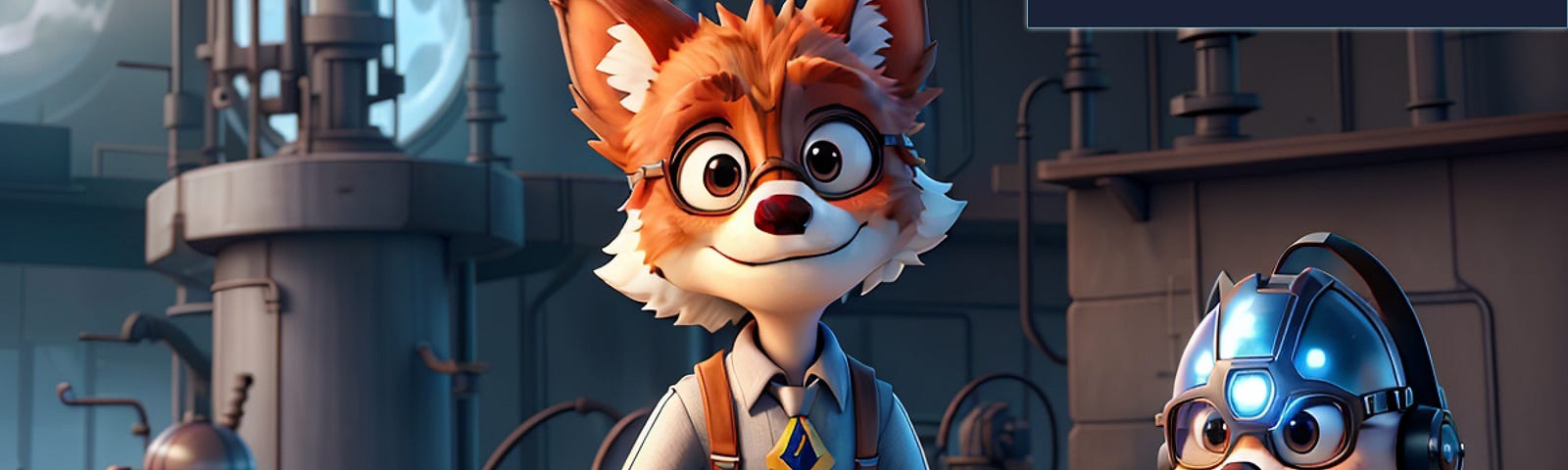 Two AI-generated foxes in the style of a Pixar 3D animation, one adult and one juvenile. The adult is wearing leather gloves and a leather vest with his hand rested on a work bench he’s behind. The juvenile one to the right of the other is wearing some kind of futuristic helmet wih fluorescent blue lights eminating from inside it. Various dark metal pots and stills are behind them, and two images of a large fullmoon can be seen in the top left, one light flourescent blue and one grey.