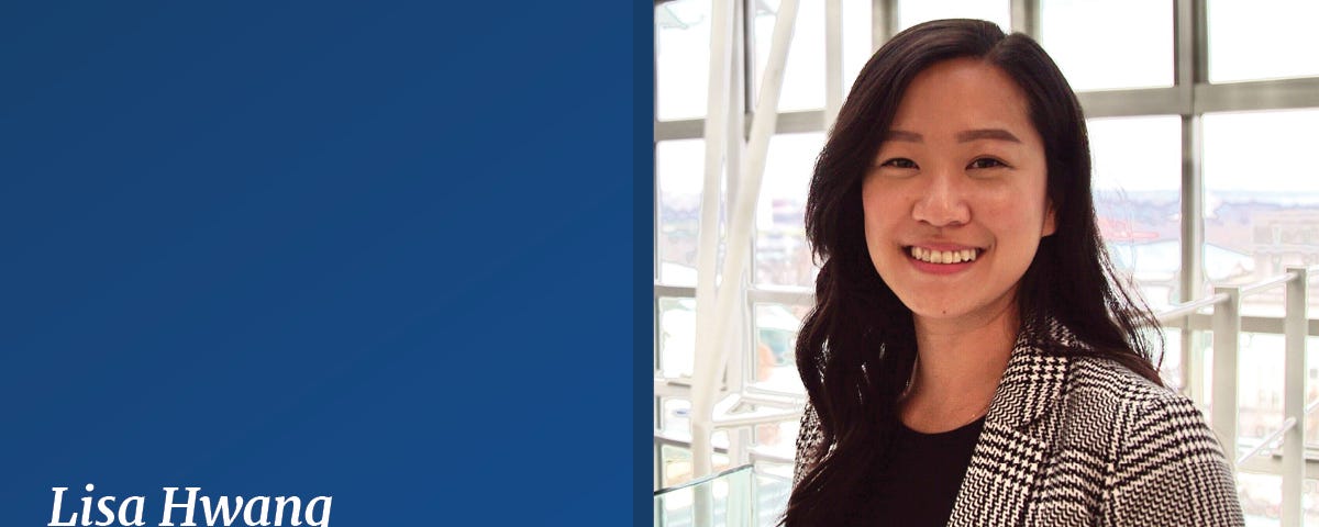 A photo of a smiling Korean American woman with long hair. On the left, white text on a blue background reads “Lisa Hwang, Talent Acquisition Deputy Director, U.S. Digital Service.”