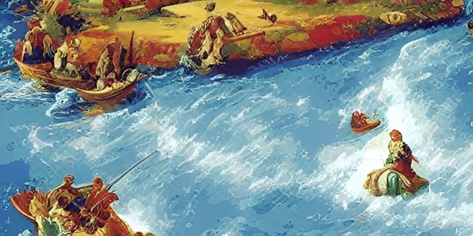 Color illustration of a castle surounded by a rushing river. Boats, strung together by ropes, are attempting to leave the castle and cross the tumultous river. Created by Frank Moone using Dream.AI