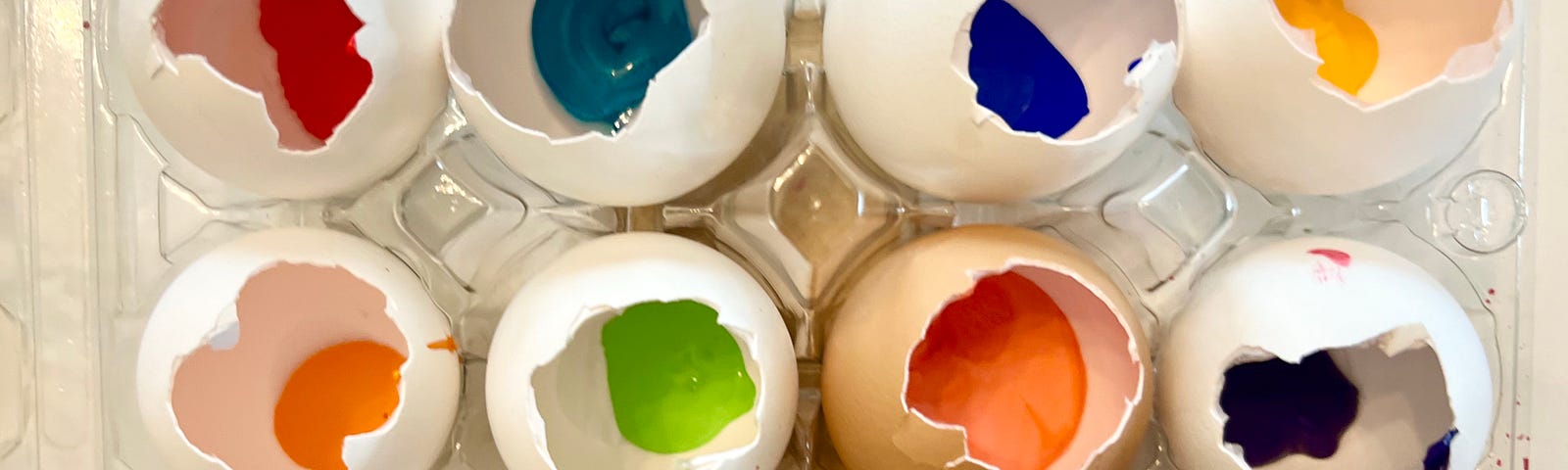 12 eggshells filled with different colored paints