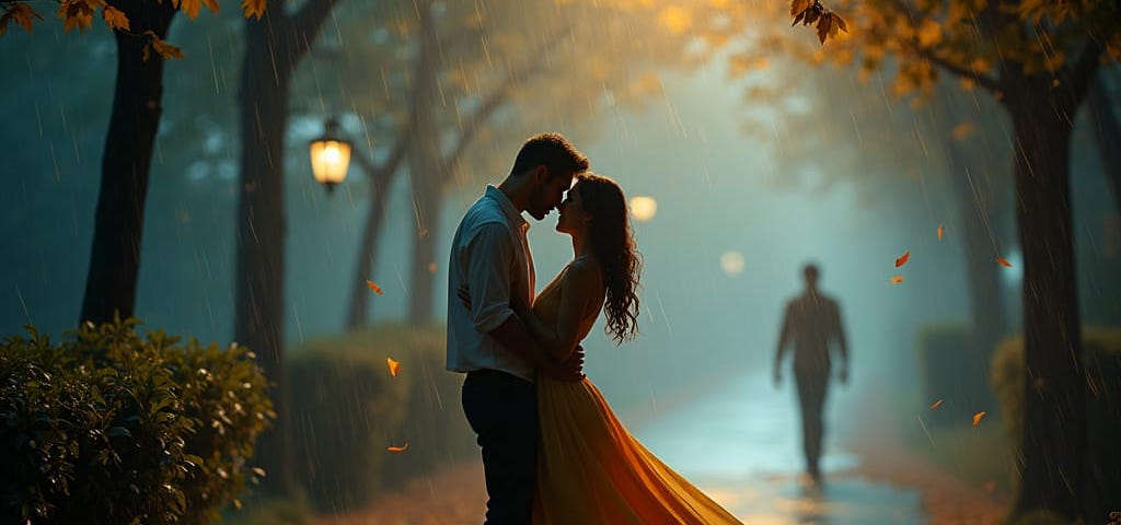 Couple dancing in the autumn rain, on a sidewalk with leaves strewn on each side and someone walking away in the background