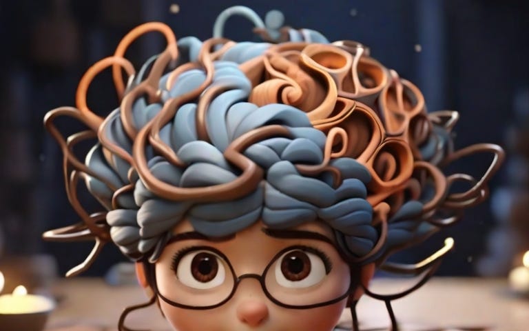AI generated image of a child with round glasses and a big blue brain.