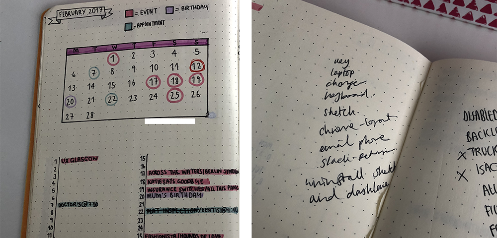 Photographs of my bullet journal looking very neat at the beginning of the year vs. looking messy at the end of the year.