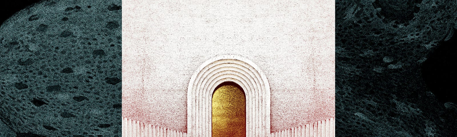 A golden door and steps on a swirling background