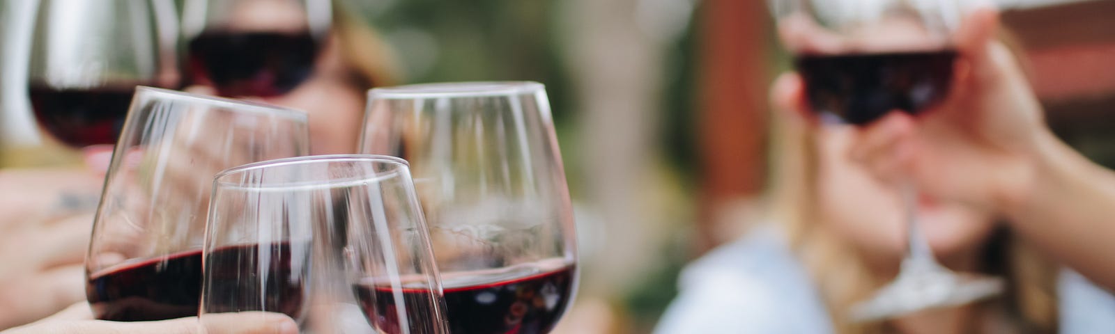 Group of people cheering with glasses of wine.