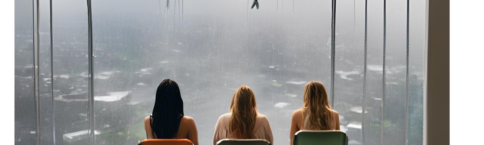 Seen from behind, three barefoot women sitting in folding chairs looking at a futuristic city landscape, heavy rain coming down.