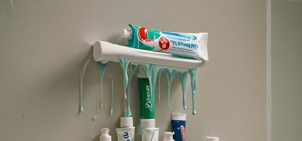 Tubes of toothpaste on bathroom shelf leaking and messy