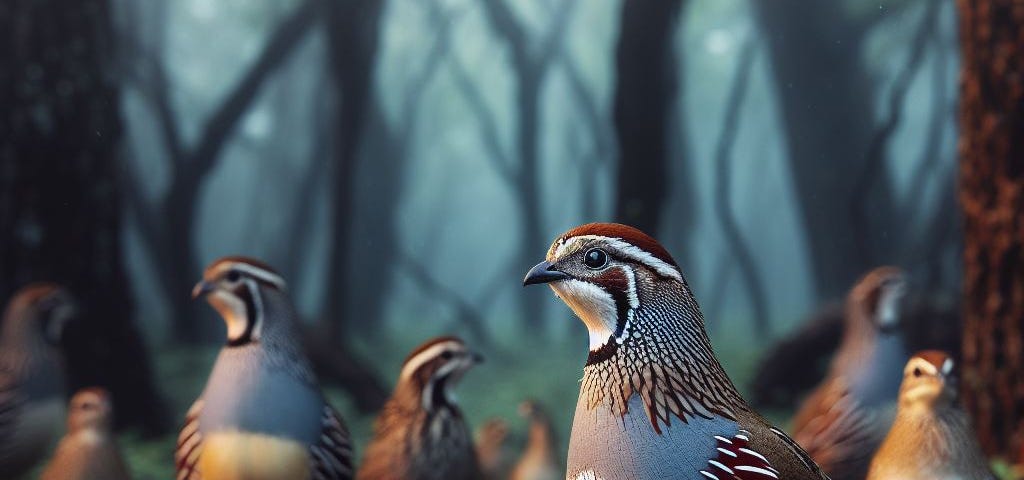 A small flock of Bobwhite Quail in the woods.
