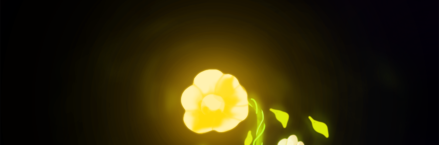 Girl holding out her palm with a glowing yellow rose floating above it against a black background.