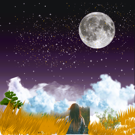 A woman looking out at the moon and stars