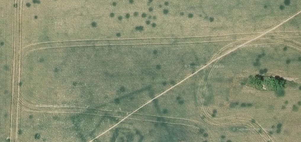 Visible vegetation features of rectangle-shaped settlement along with sets of waste pits in Ctiněves (late Bronze Age)