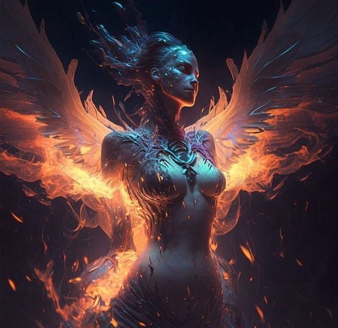 AI Art of a beautiful woman with Phoenix Wings in place of her arms