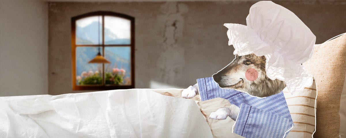 A wolf wearing a white bonnet and blue striped pyjamas lies in bed under a white blanket. The bedroom is rustic, with a window looking out on a picturesque countryside view, with flowers in the foreground and sunny skies beyond.
