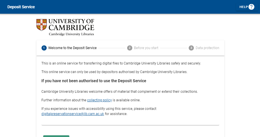 Screenshot showing Home Page of the Deposit Service