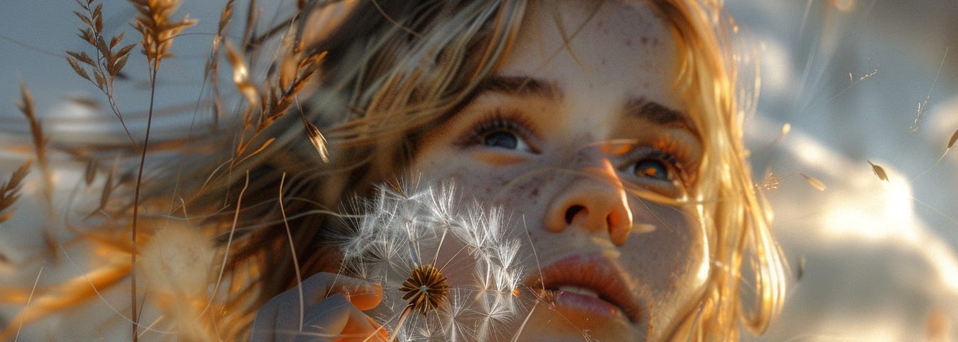 An AI photo portrait of a young girl in a meadow with a dandelion puff before her face and sky and clouds behind her. She has a peaceful far-away expression.