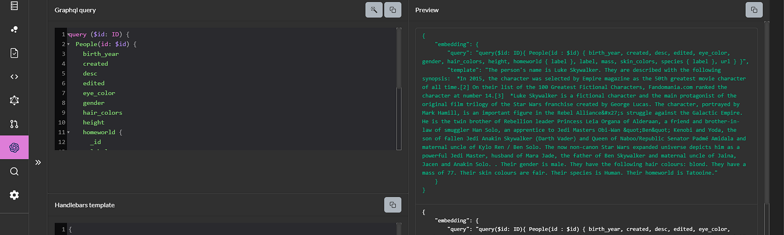 A screenshot of VectorLink inside TerminusCMS. It shows the combination of GraphQL and a Handlebars template to generate high-quality text embeddings