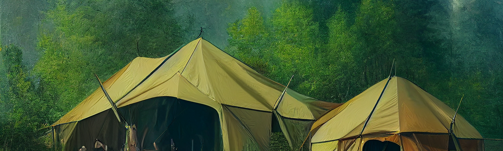 Two very traditional large tents, trees beyond.