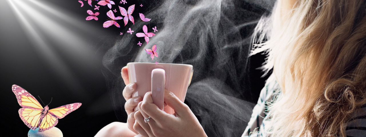 color image of a person holding a mug on their bent knees and pink illustrated butterflies flowing out like steam