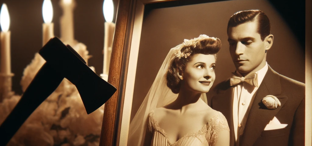 A framed photograph of a 1950s wedding couple with the shadow of an axe on the side