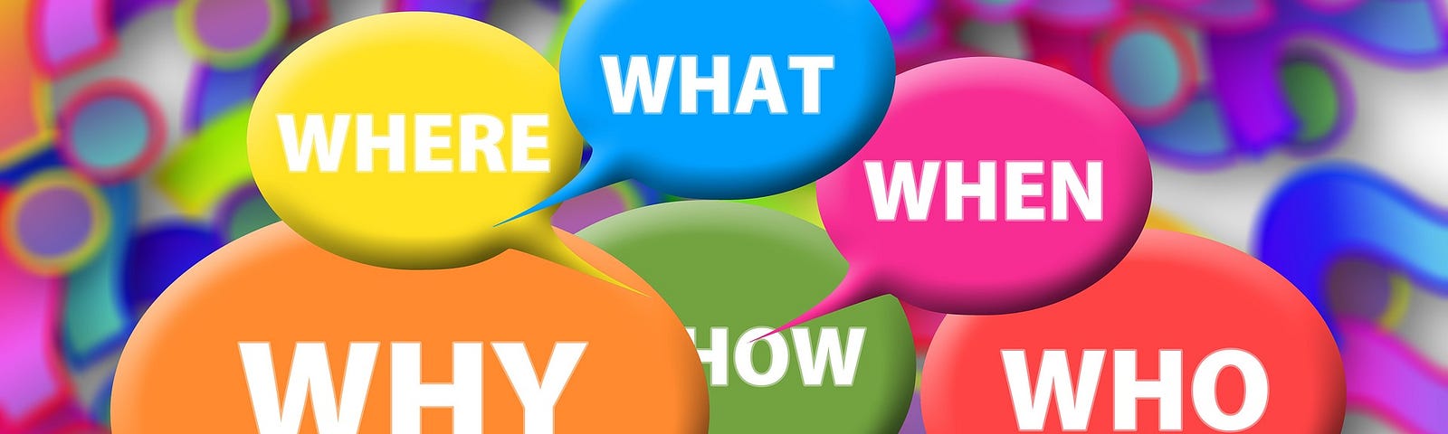 multicolored image of thought bubbles that say where, what, when, why, how, who